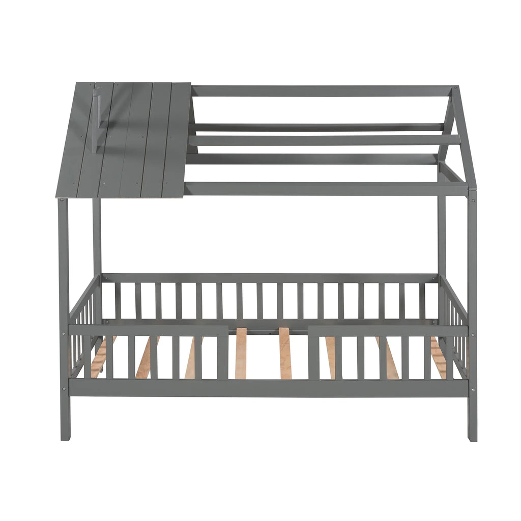 Euroco Twin Size Platform Bed, House Bed with Fence for Kids, Gray