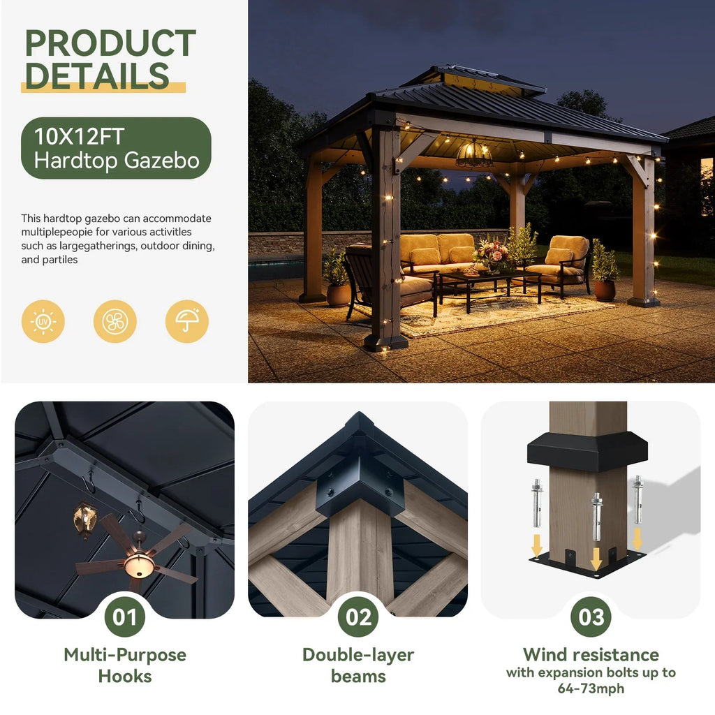 Aoxun 12' x 16' Outdoor Wood Gazebo, Hardtop Gazebo Permanent Wooden Pavilion with Galvanized Steel Double Roof, for Patio, Garden, Backyard, Cedar Wood