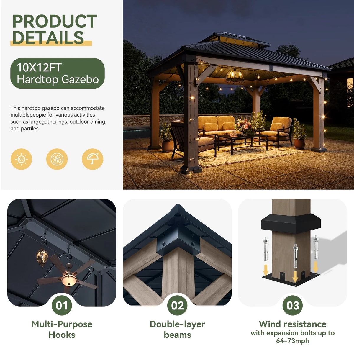 Aoxun 12' x 16' Outdoor Wood Gazebo, Hardtop Gazebo Permanent Wooden Pavilion with Galvanized Steel Double Roof, for Patio, Garden, Backyard, Cedar Wood