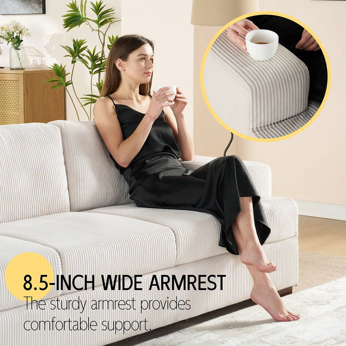 VANACC 89in Couch, Comfy Sofa with Wood Legs, 3 Seater Modern Sofa- Deep Seat Couches for Living Room, White Corduroy