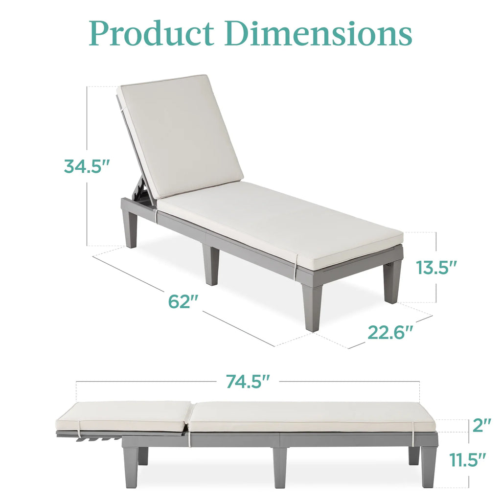 Best Choice Products Outdoor Lounge Chair, Resin Patio Chaise Lounger w/ Seat Cushion, 5 Positions - Gray/Navy