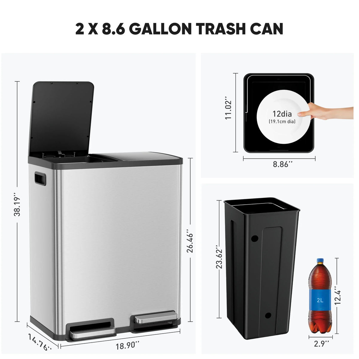 JOINSUN Trash Can, 2 x 8.3 Gallon Double Deck Trash Recycling Bin, Kitchen Bin, Silver