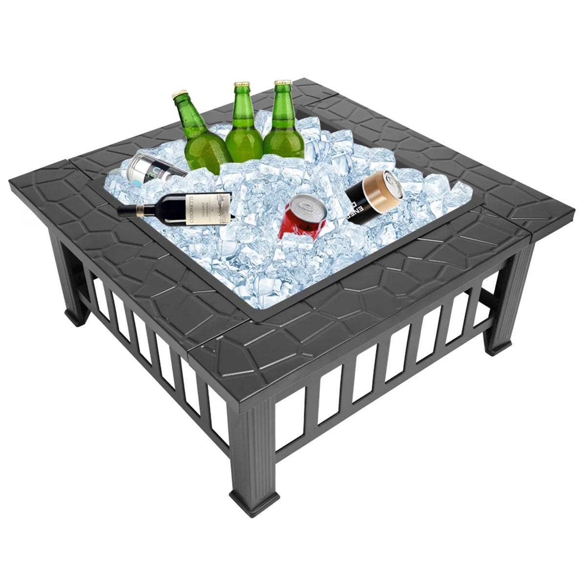 Wood Burning Fire Pits for Outside, 32" Square Iron Fire Pit Backyard Patio Garden Stove Wood Burning Fire Pit w/ Mesh Screen Lid, Wood Grate, Poker, Durable Fire Pit, Q5946
