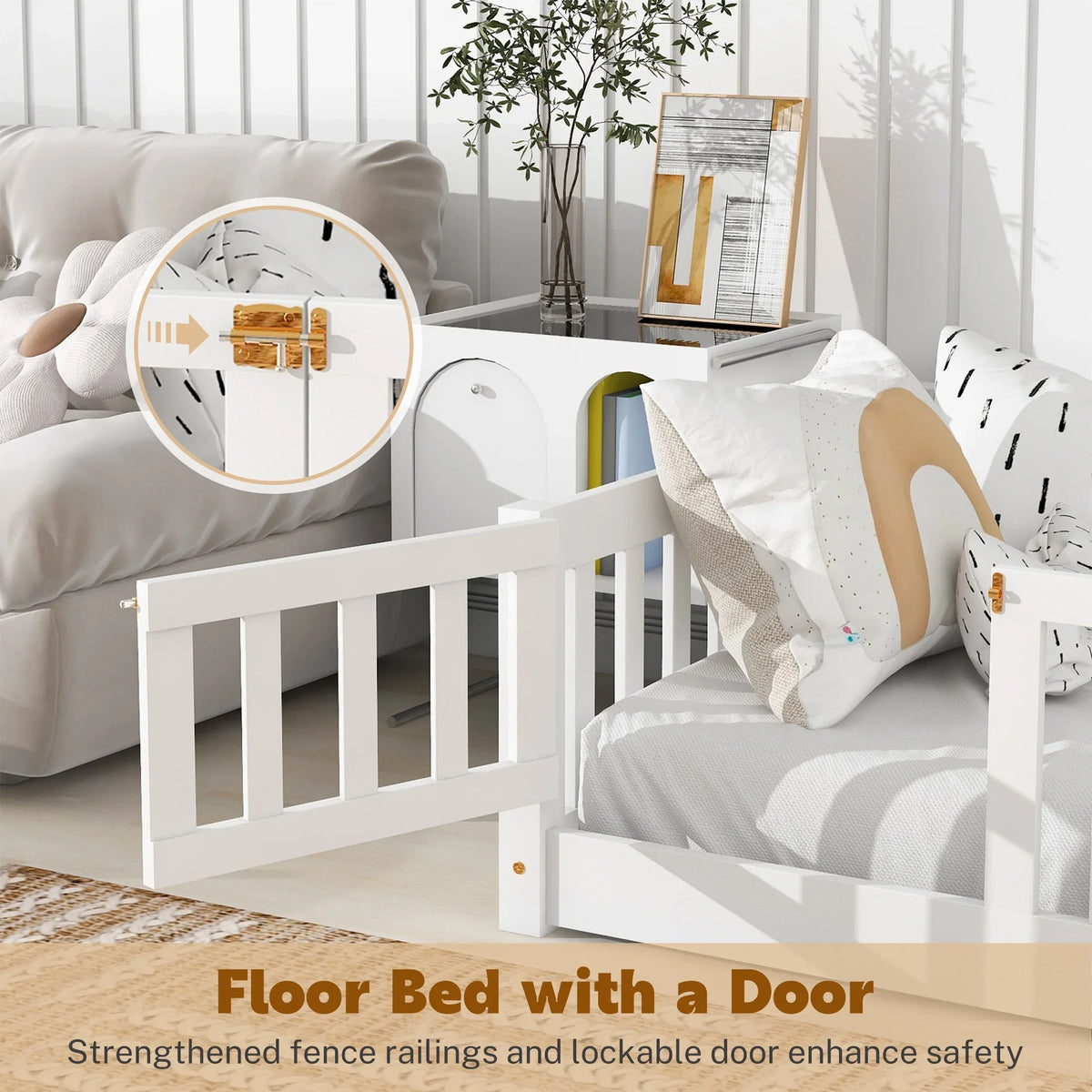 PAPROOS Twin Size Floor Bed, Solid Wood Toddler Bed with Slat, Fence Guardrail and Door, No Box Spring Needed, Montessori Bed, Twin Bed for Kids, Boys, Girls, Gray