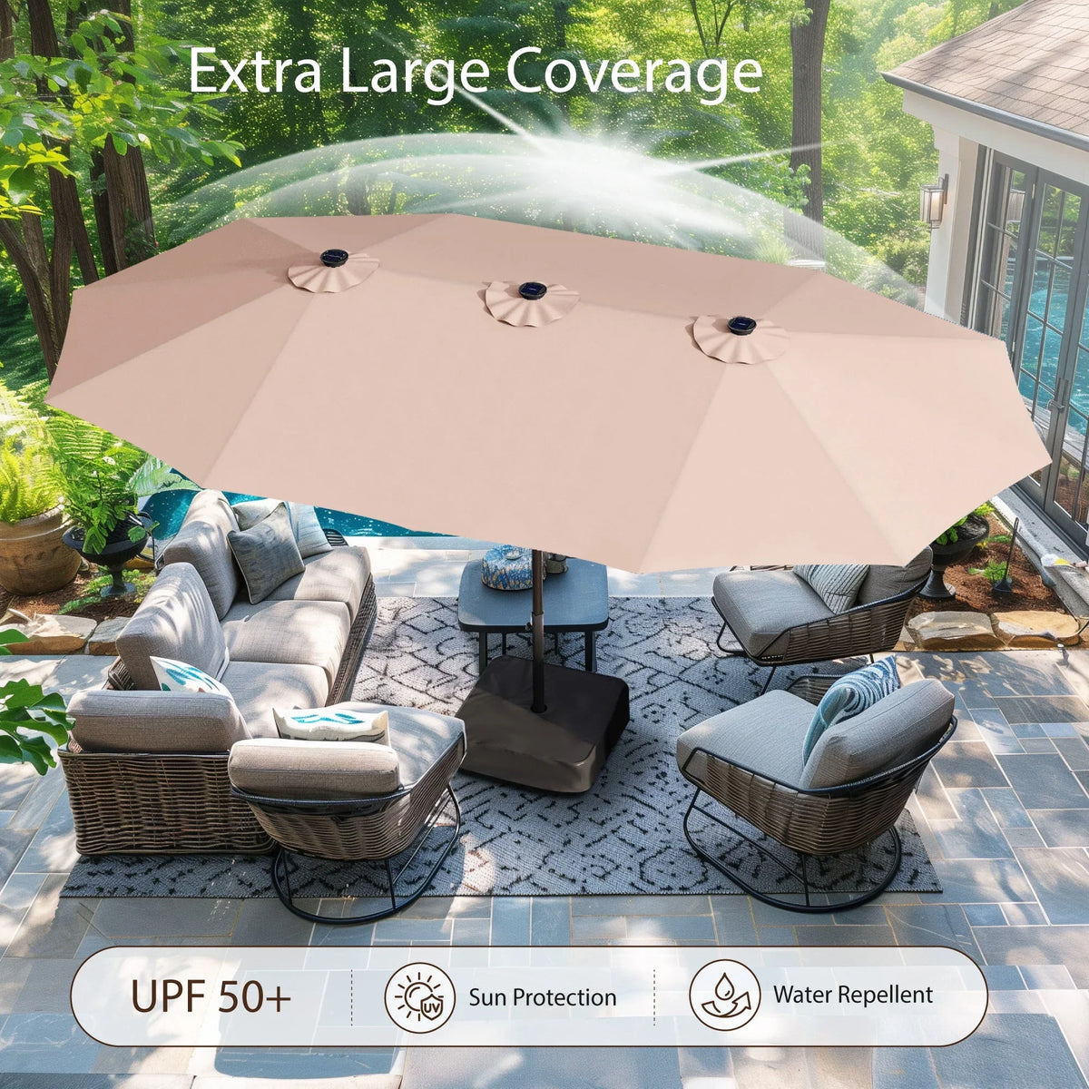 Alpha Joy 15ft Extra Large Outdoor Patio Double-Sided Umbrella with LED Solar Lights & Umbrella Base, Beige