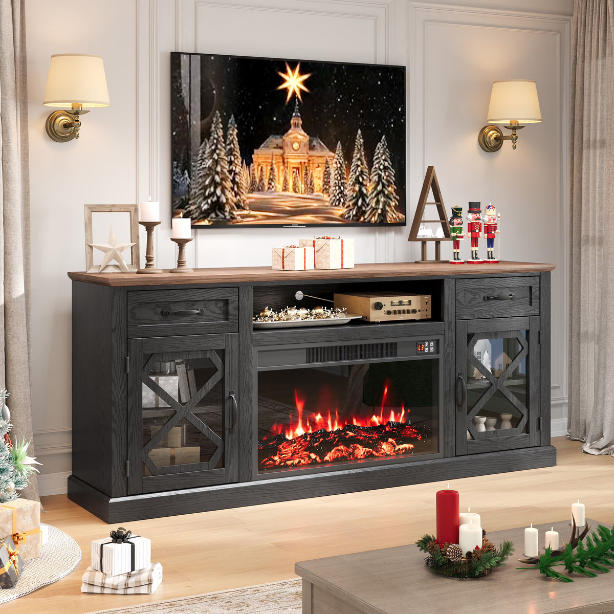 PAPROOS Fireplace TV Stand for 65 Inch TV, Modern Farmhouse TV Cabinet with 23'' Electric Fireplace, Entertainment Center Television Console Table for Living Room, Black+Brown
