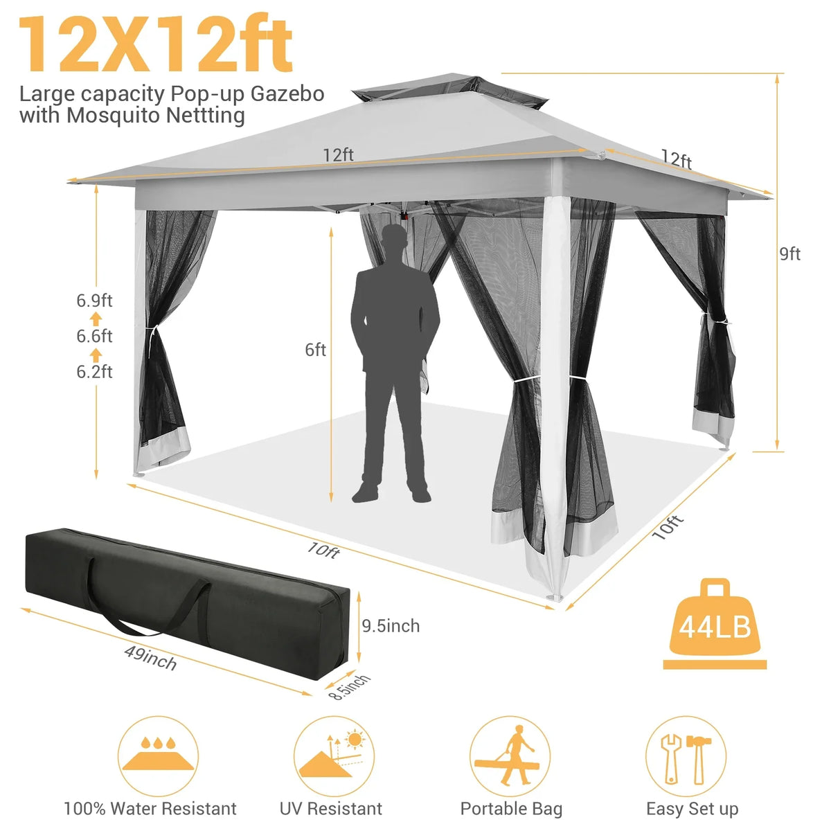 HOTEEL 12x12 Outdoor Pop-up Gazebo Canopy with Mosquito Netting 2-Tiered Vented Top 3 Adjustable Height for Backyard, Garden, Lawn,Light Grey
