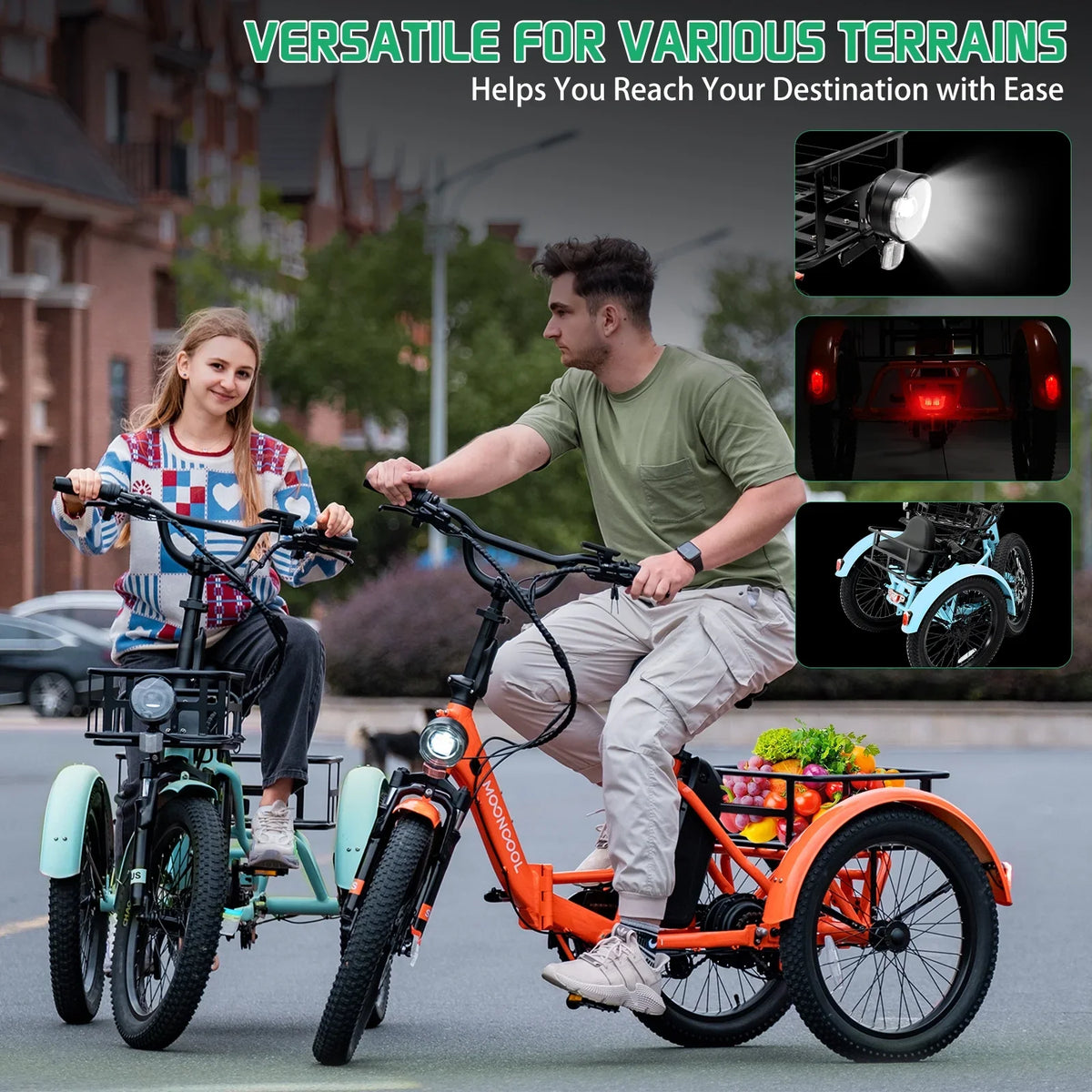 MOONCOOL TK1 Folding Electric Tricycle for Adults,48V 14.5Ah Removable battery, 500W"Peak 1000w"Motor, 20" Fat Tire Step-Thru 3Wheel Electric Bicycle w/Front&Rear Baskets, Certified to UL 2849 by SGS