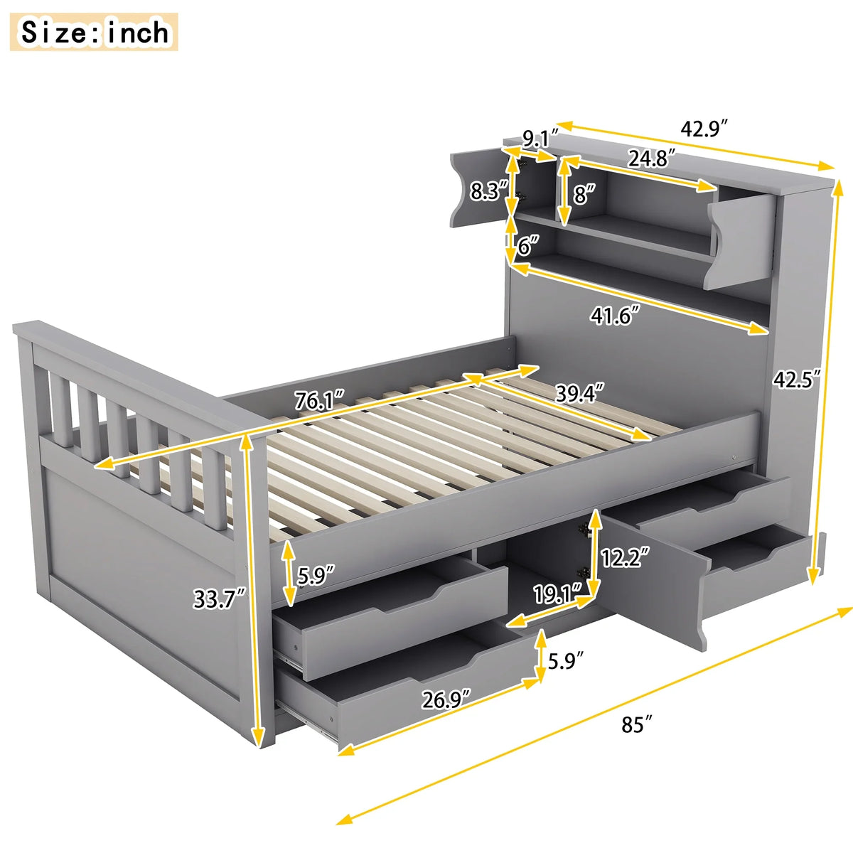 Euroco Wood Twin Size Platform Bed with Storage Headboard, Captain Bed with 4 Drawers, Bookcase and Cabinets, Gray