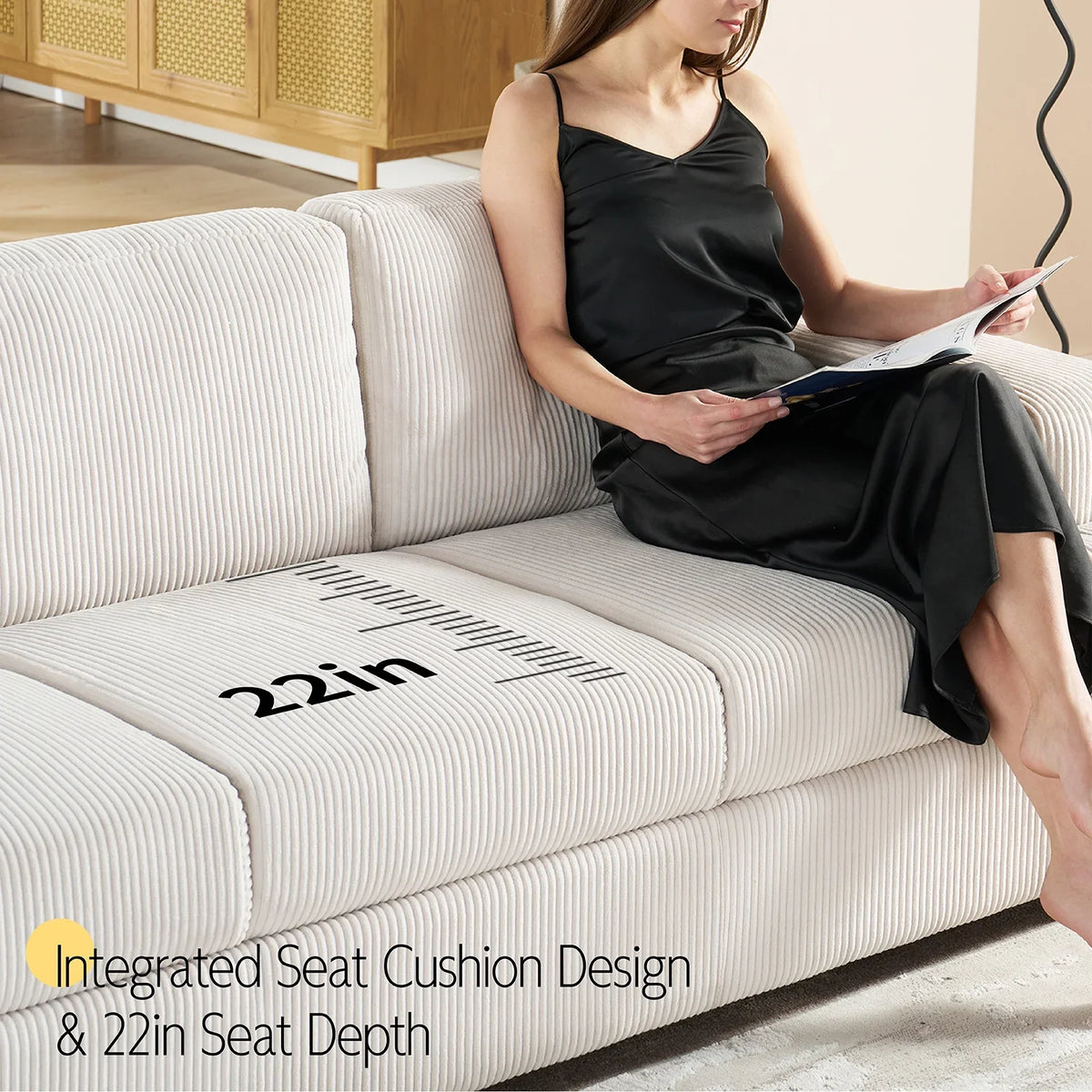 VANACC 89in Couch, Comfy Sofa with Wood Legs, 3 Seater Modern Sofa- Deep Seat Couches for Living Room, White Corduroy