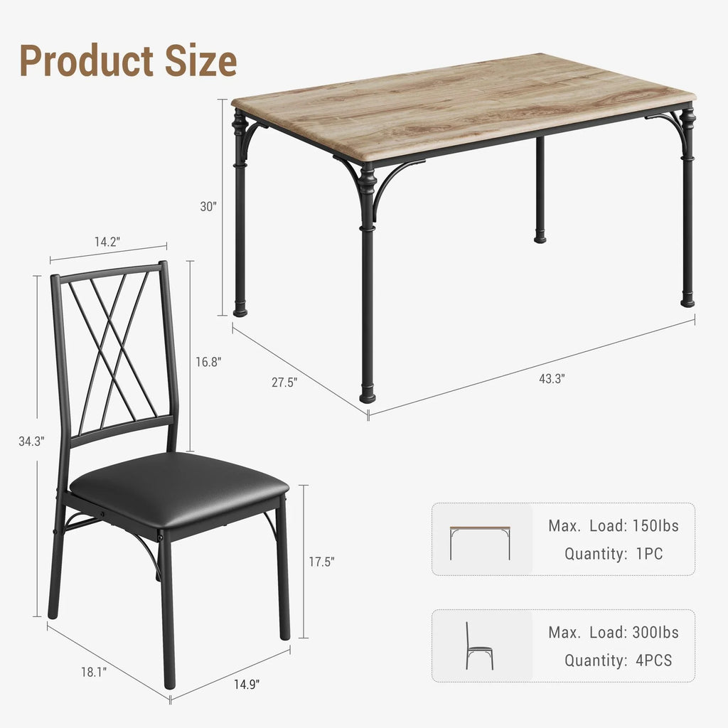 Huisuilinss Dining Table Set For 4,5-Piece Kitchen Table And Chairs Set,Farmhouse Rectangular Dining Room Table Set,Kitchen Table Set With 4 Chairs,Wood Metal Frame Dinette Set For Apartment