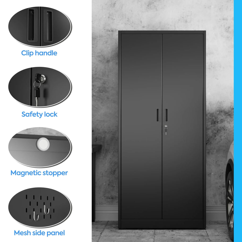 GAEANET 2 Door Metal Storage Cabinet with 5 Adjustable Shelves &Pegboard, 71" H"32" W"16" D Locking Steel Garage Cabinet, for Garage,Office,Home,Gym,School, File Cabinet,Assembly Required, Black
