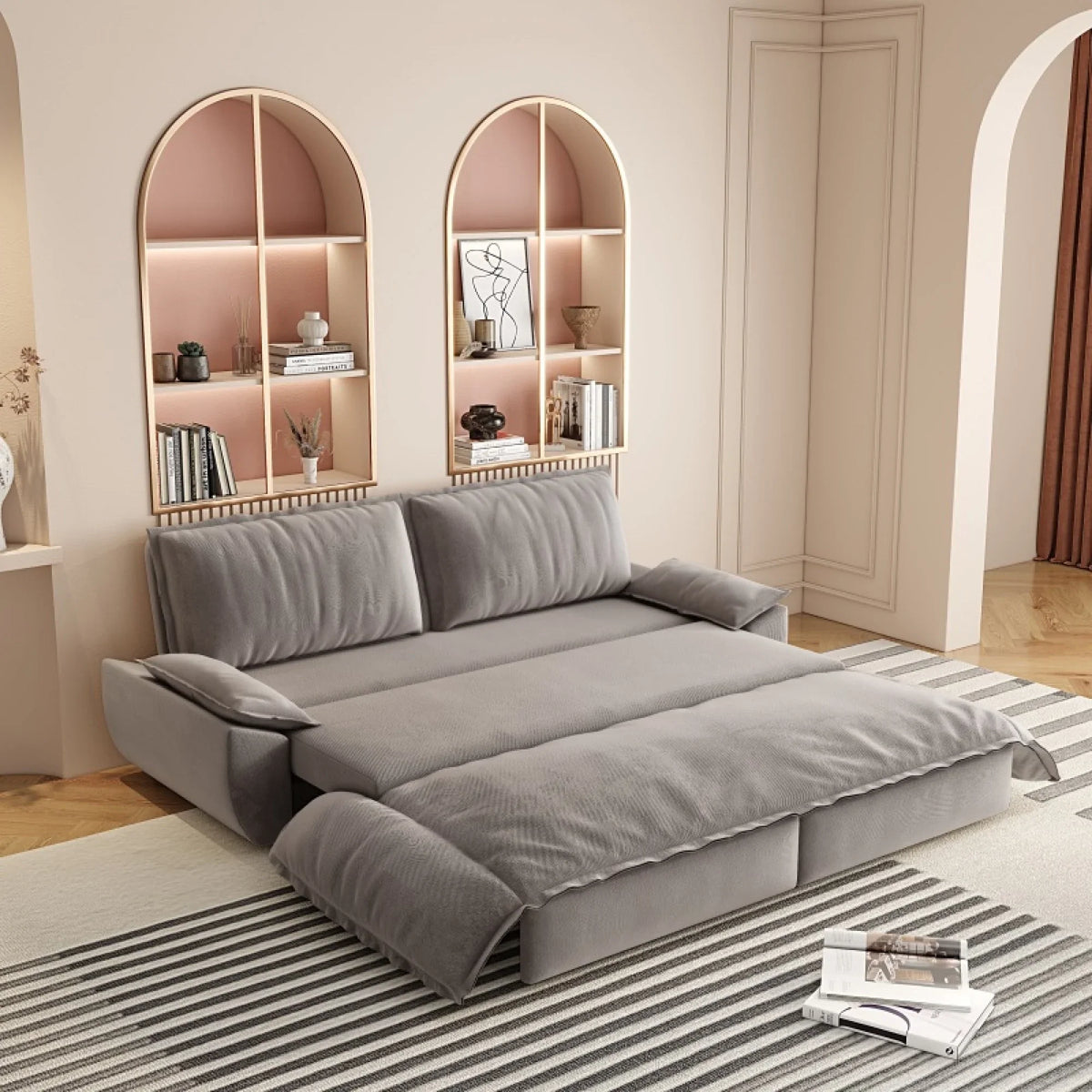 66" Queen Pull Out Sofa Bed, 3-in-1 Convertible Sleeper Sofa with Side Storage,Multi-Functional Velvet Loveseat Bed for Living Room,Bedroom