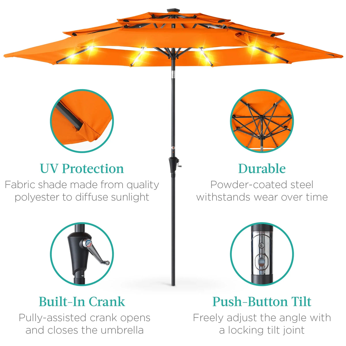 Best Choice Products 10ft 3-Tier Solar Patio Umbrella w/ 24 LED Lights, Tilt Adjustment, Easy Crank - Tan