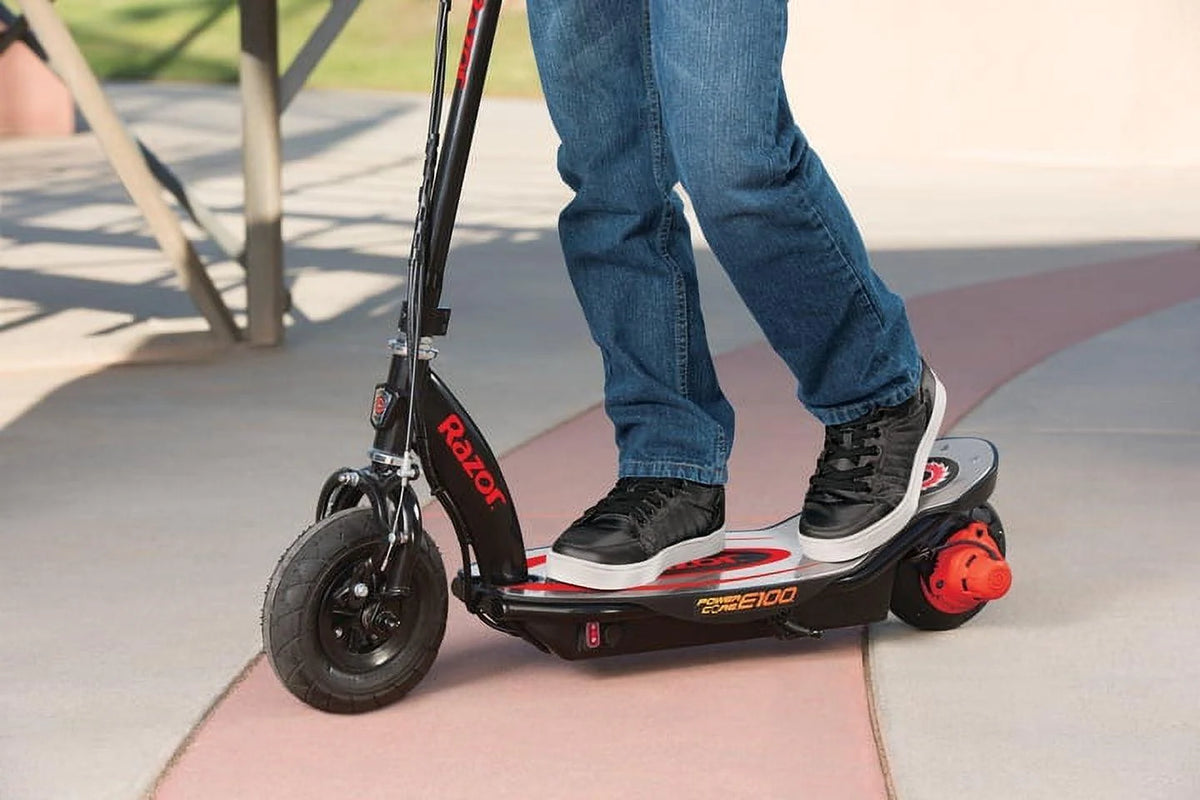 Razor Power Core E100 Electric Scooter with Aluminum Deck - Red. Ages 8+ and Up to 120 lb. 8″ Pneumatic Front Tire. Up to 11 mph and Up to 60 Mins of Ride Time. 100W Hub Motor. Unisex