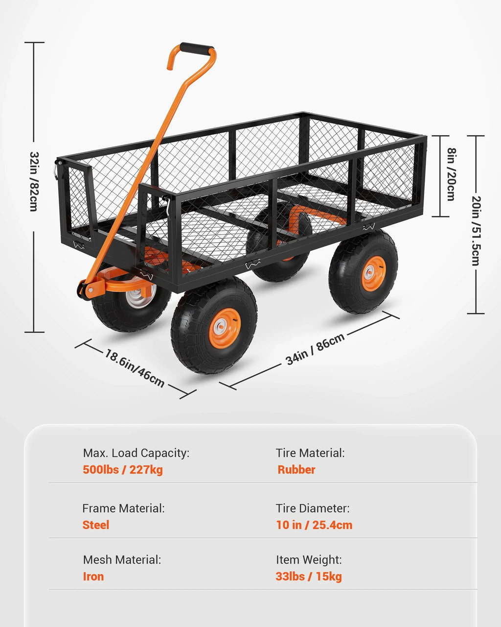 Heavy Duty Steel Garden Cart, Garden Wagon Cart on Wheels, Outdoor Metal Yard Utility Wagon Carts w/Adjustable Handle & Removable Sides(Convert to Flatbed)