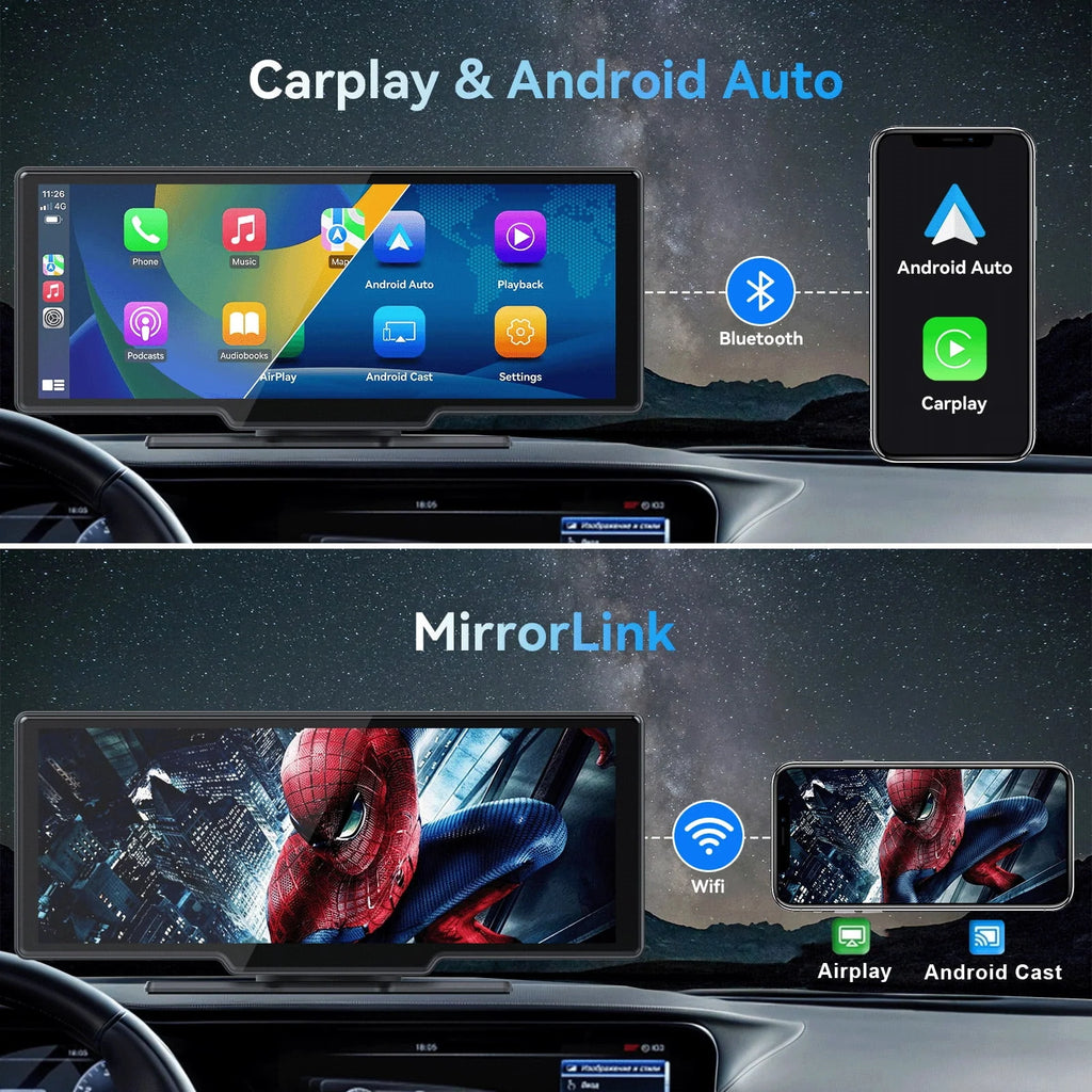 10.26" Wireless Apple Carplay Screen with Android Auto, 4K Dash Cam, Backup Camera, Bluetooth, GPS, Voice Control