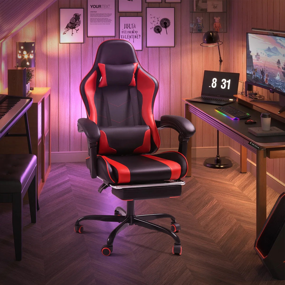 Lacoo PU Leather Gaming Chair Massage Ergonomic Gamer Chair Height Adjustable Computer Chair with Footrest & Lumbar Support, White