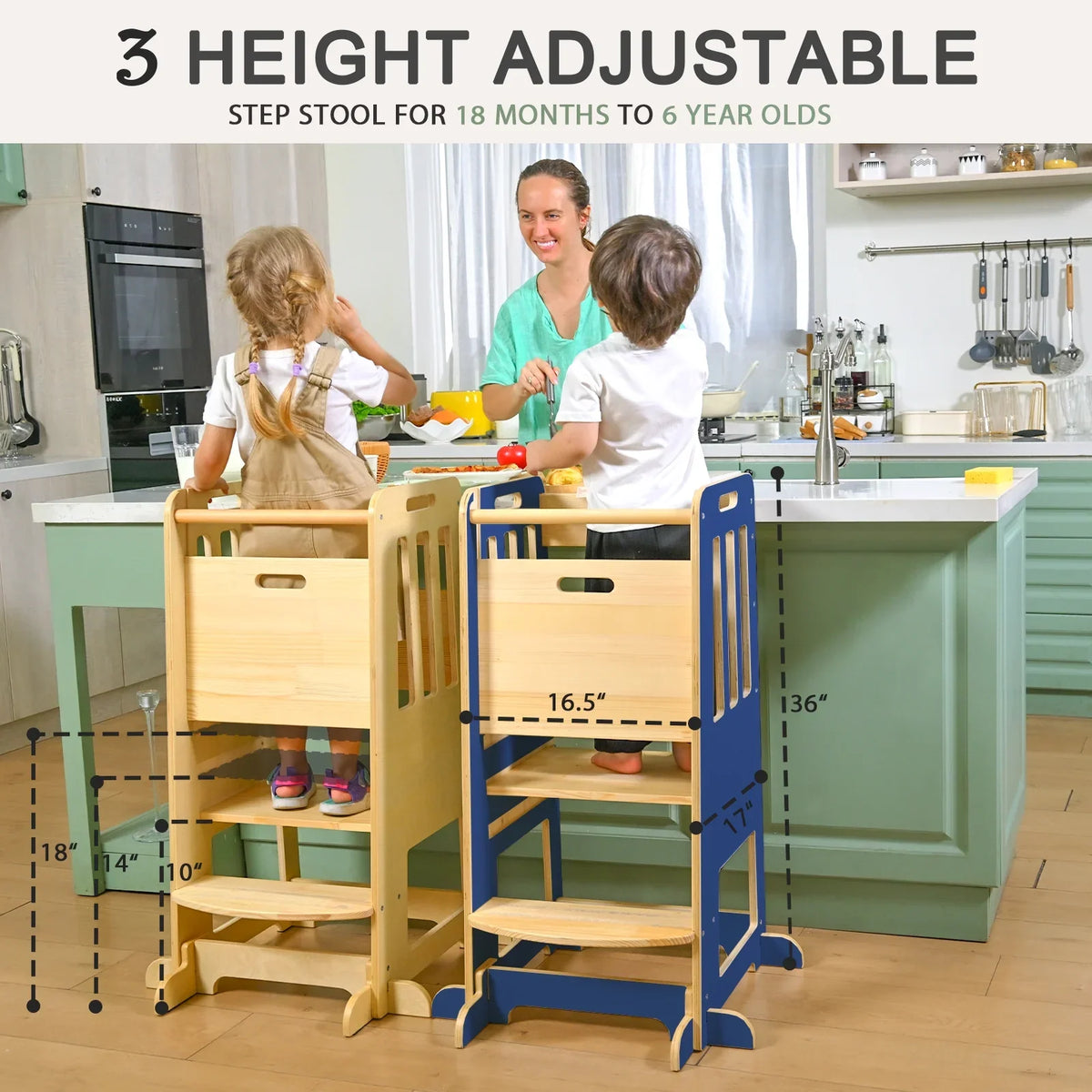 Toddler Standing Tower, Kids Kitchen Stool Helper 3 Levels Adjustable Height Wooden Toddler Step Stools for Learning New Skills