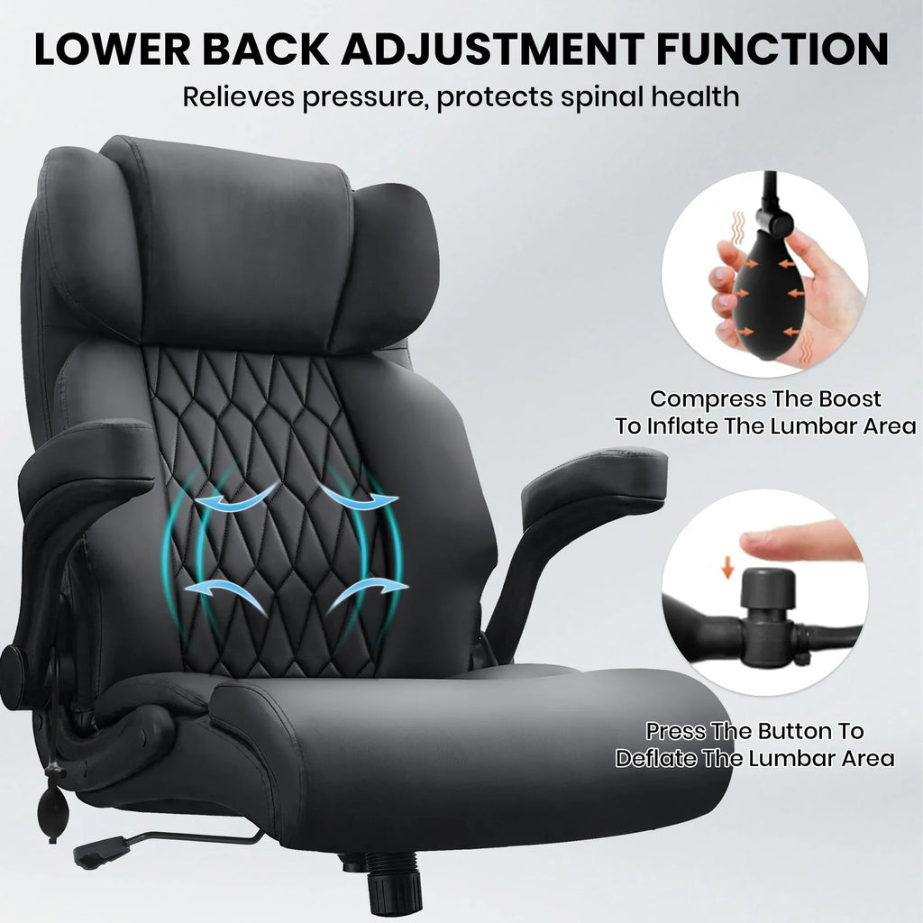 Ninecer 500lbs Big and Tall Office Chair with Inflatable Lumbar Support, Ergonomic Executive Desk Chair with Extra Wide Seat, Adjustable Height Computer Chair, Heavy Duty Leather Office Chair, Black