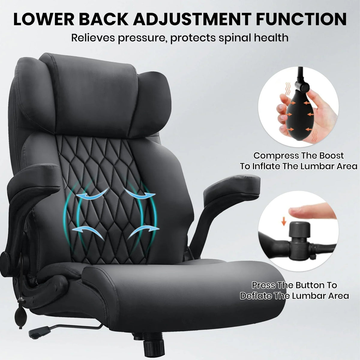 Ninecer 500lbs Big and Tall Office Chair with Inflatable Lumbar Support, Ergonomic Executive Desk Chair with Extra Wide Seat, Adjustable Height Computer Chair, Heavy Duty Leather Office Chair, Black