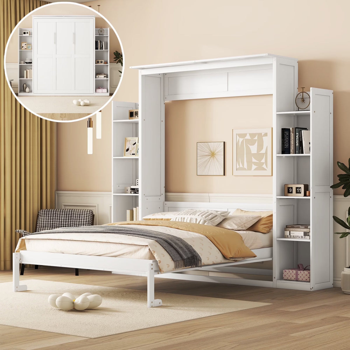 Harper & Bright Designs Full Size Murphy Bed with Shelves, Foldable Wall Bedframe w/Flexible Slats Support, Space-Saving Design, Can Be Folded Into Cabinet, White