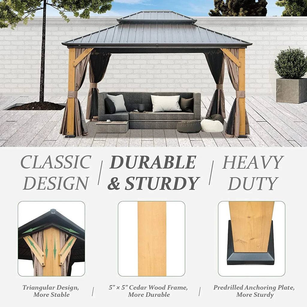 Domi 12x20 ft Wood Gazebo, Cedar Wood Frame Hardtop Gazebo with Galvanized Steel Double Roof, Outdoor Gazebo with Netting and Curtains, Patio Gazebo Pergola Pavilion for Patio, Backyard, Deck, Lawns