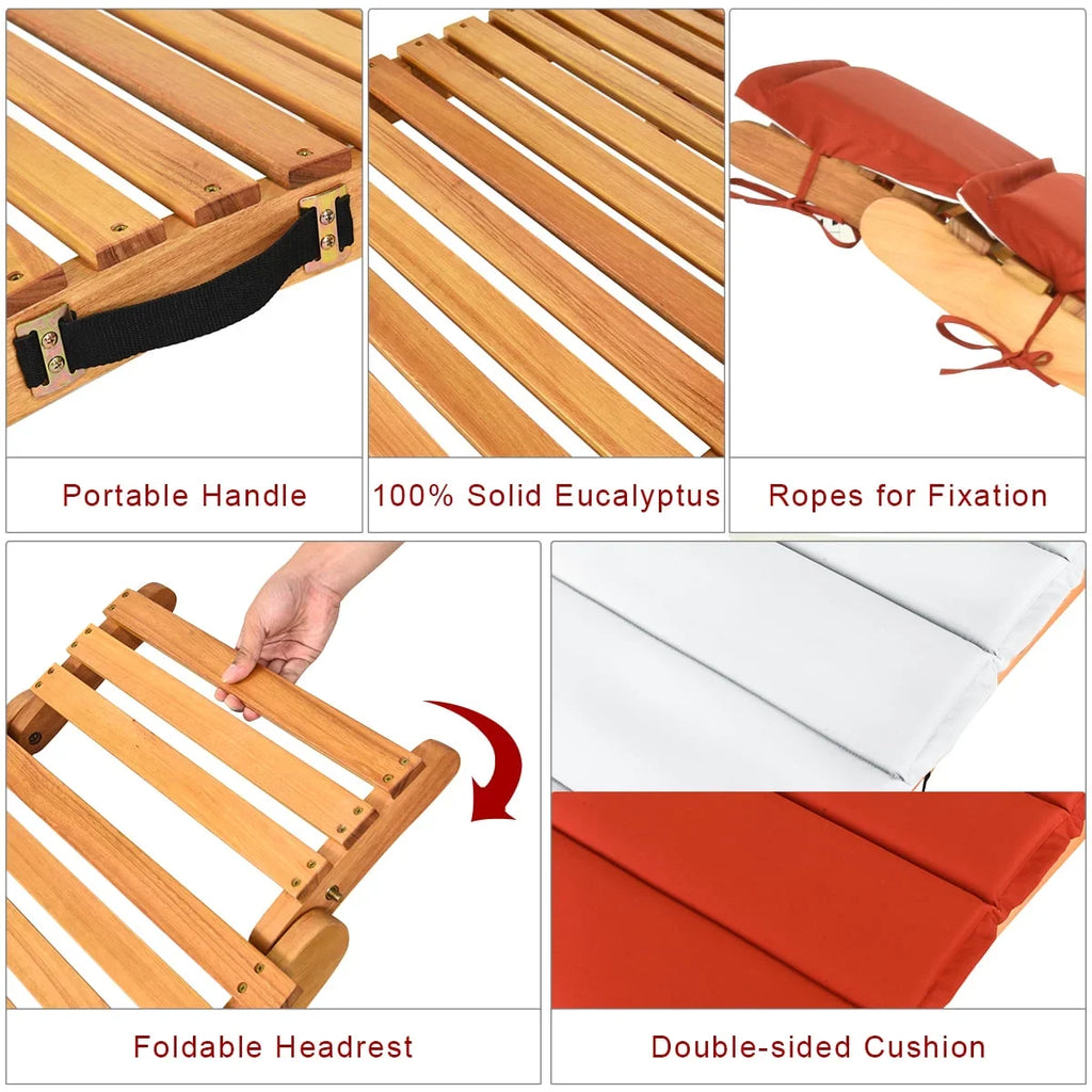 Costway Folding Wooden Outdoor Lounge Chair Chaise Red/White Cushion Pad Pool Deck