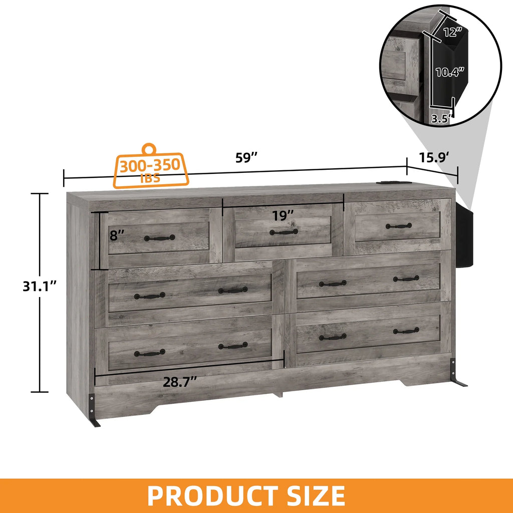Craftian 7-Drawer Double Dresser Storage Cabinet with Power Outlets, Wood Chest of Drawers, Gray
