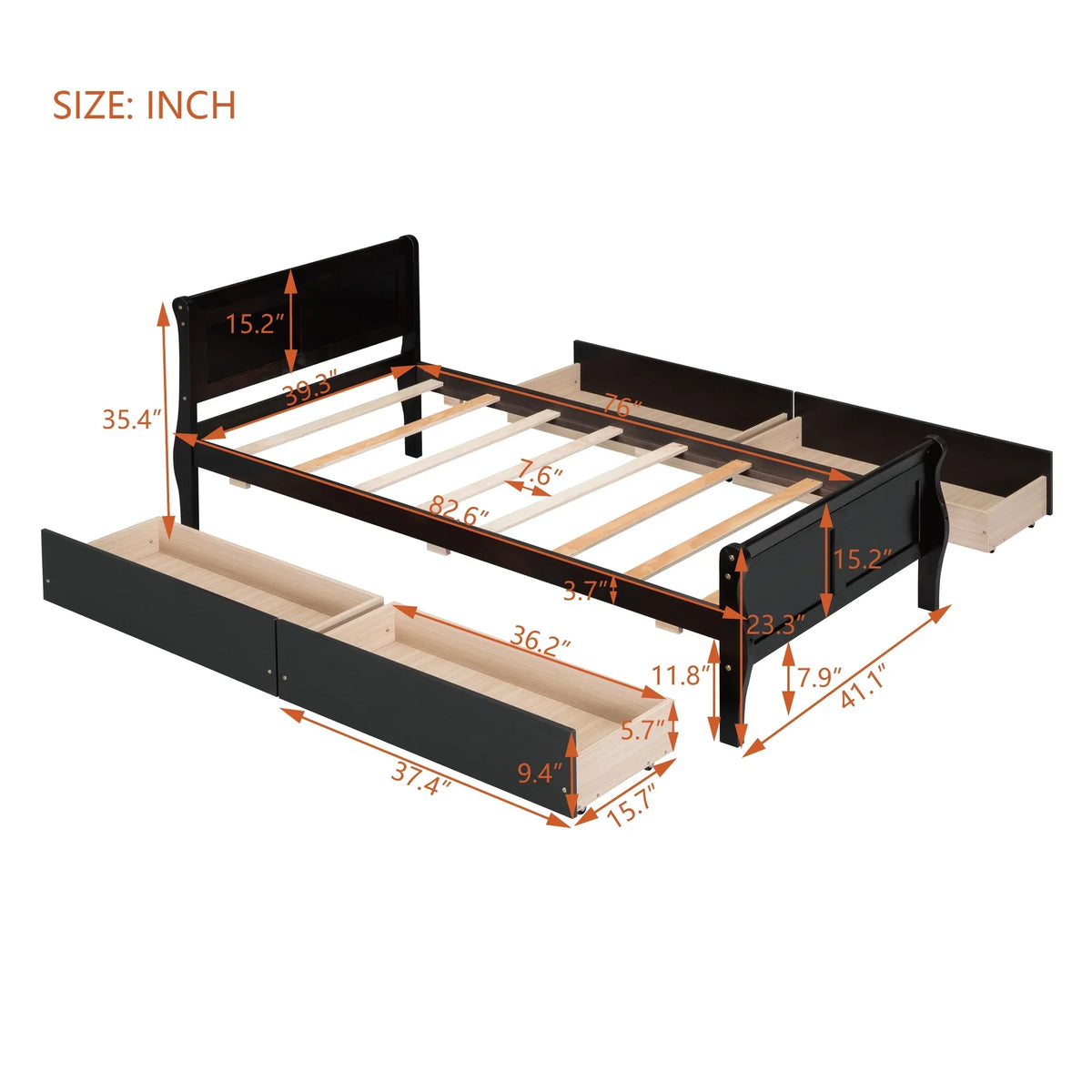 Full Size Wood Platform Bed with 4 Drawers,Storage Bed Frame with Streamlined Headboard and Footboard for Kids, Teens, Boys, Girls,Wooden Slats Support, No Box Spring Needed,Oak