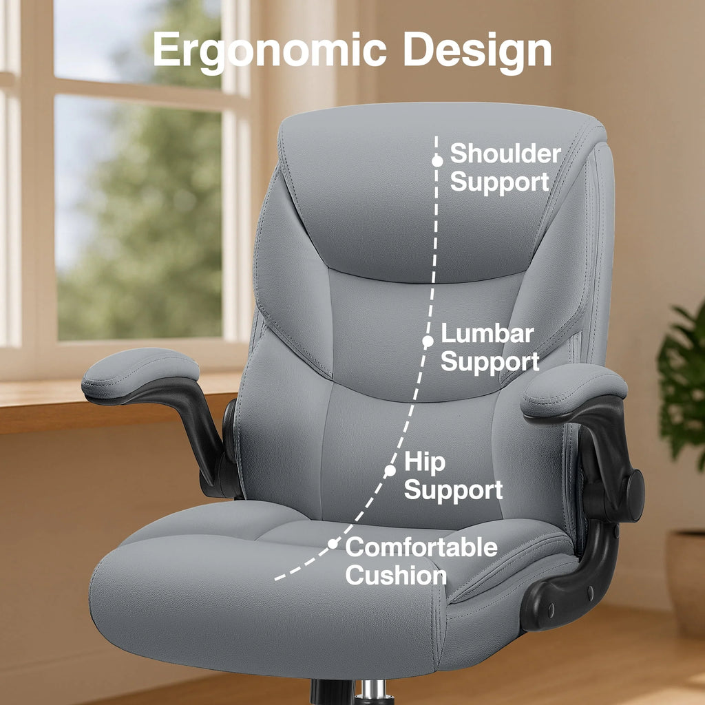 Primy Compact PU Leather Office Chair - Ergonomic Adjustable Height Computer Desk Chair with Flip-Up Armrests, Mid-Back Executive Swivel Chair on Wheels for Small Spaces & Petite Users, Black