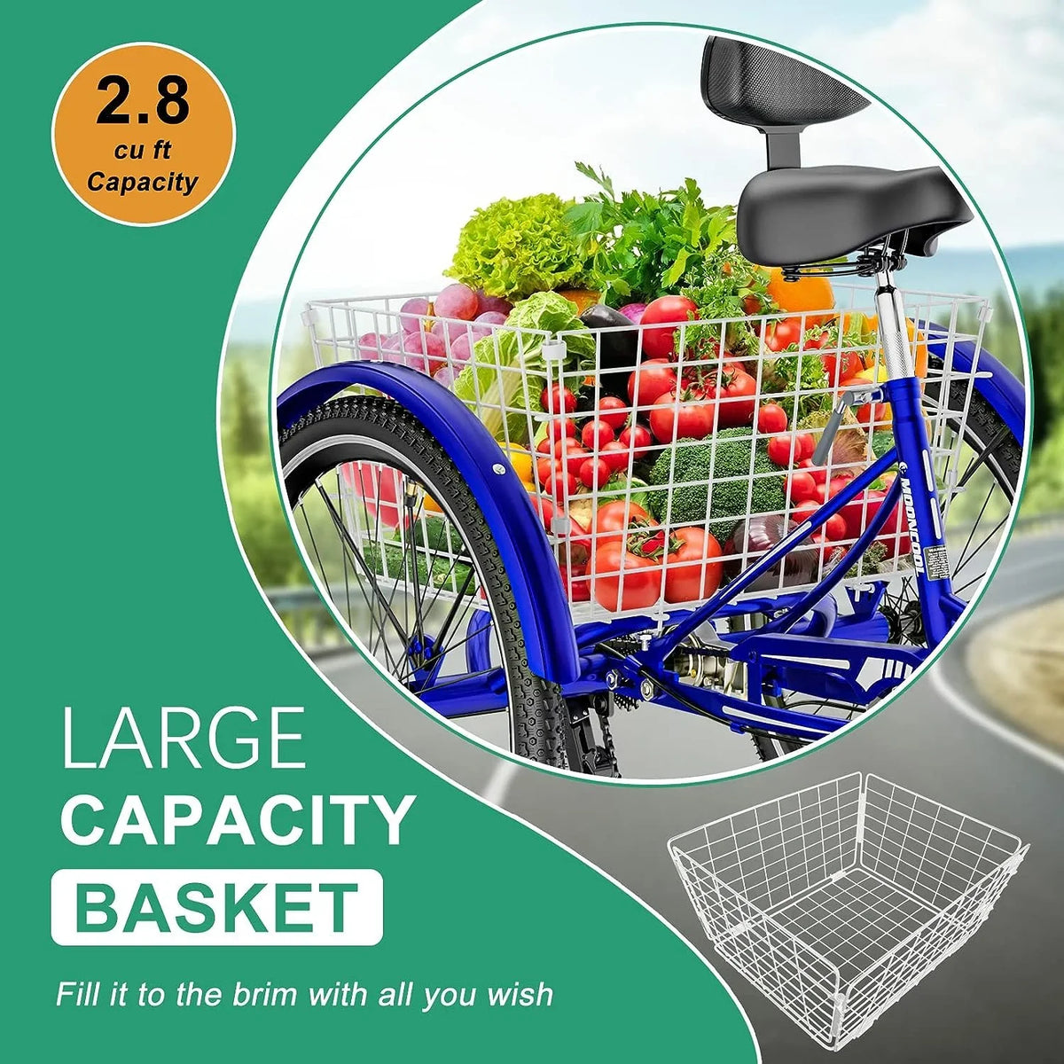 MOONCOOL Adult Tricycles with Rear Basket & Inflator, 24 26 inch 7 Speed 3 Wheel Bikes, Three-Wheeled Bicycles Adult Trike with Backrest for Seniors, Women, Men