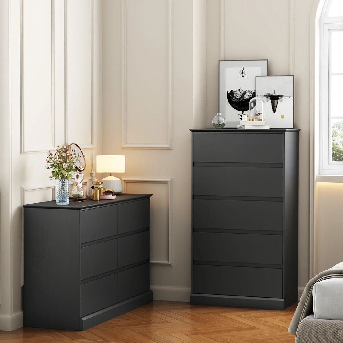 2 PCS Dresser for Bedroom, 5 Drawer Dresser Black Chest of Drawers for Living Room Dressing Room Entryway -2PCS