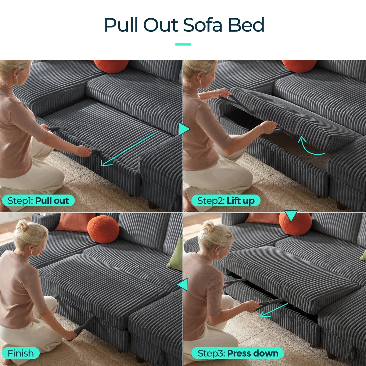 Linsy Home Storage Sectional Sleeper Sofa with Pull Out Bed, 9 Seat Modular Sectional Sofa with with USB & Cup Holder, Plush Corduroy Sectional Couches for Living Room, Green