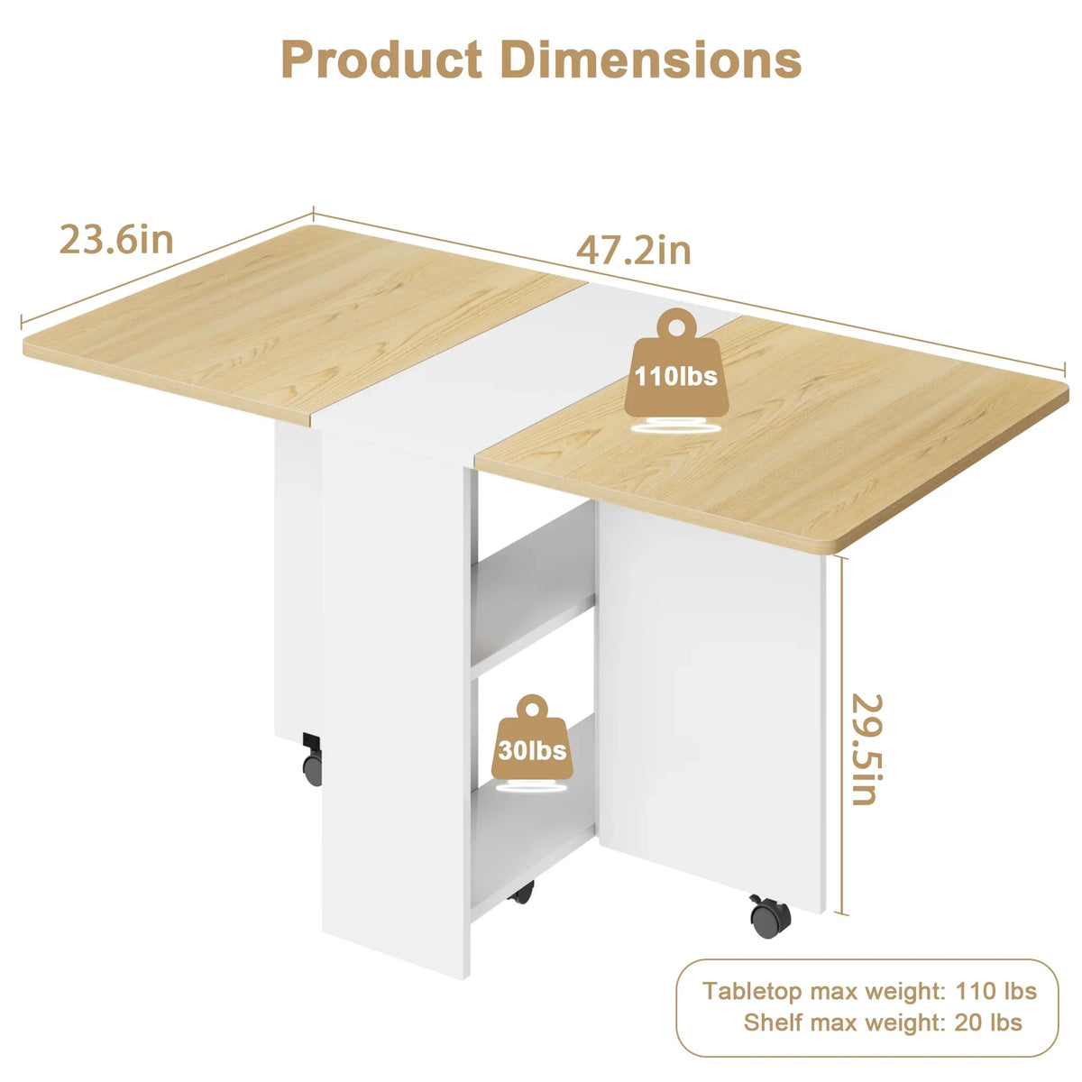 Danolapsi Folding Dining Table,Dinner Table with Wheels and 2-Layer Storage Shelf,Farmhouse Wood Kitchen Dining Room Tables Set for 4, Expandable Rectangle Dinner Kitchen Office Furniture