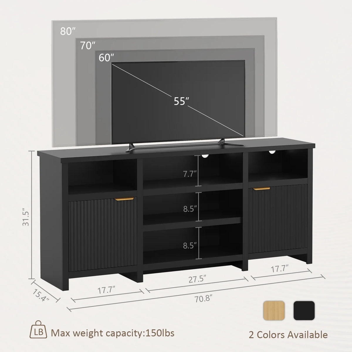 Planntonneo Mid-Century Modern Fluted TV Stand Wooden Media Console Entertainment Center for Living Room, Walnut Color