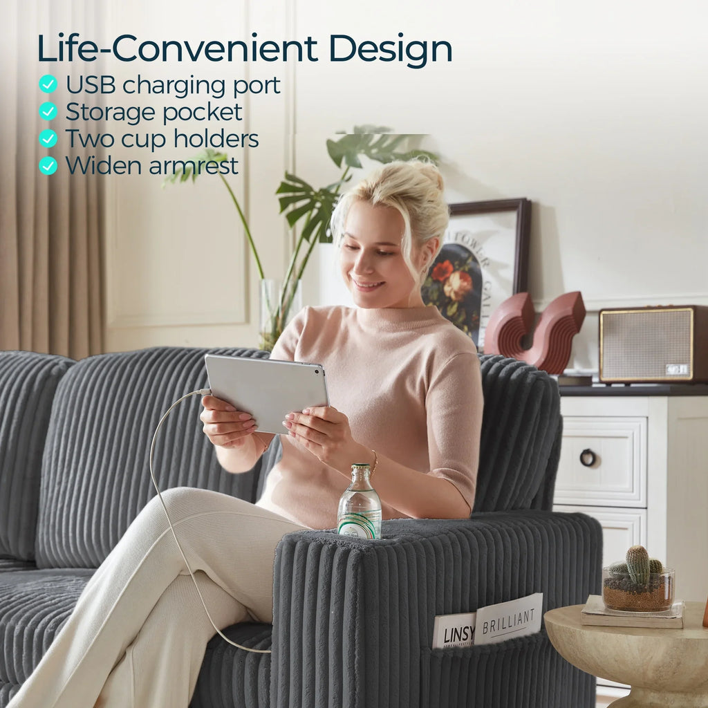 Linsy Home Storage Sectional Sleeper Sofa with Pull Out Bed, 9 Seat Modular Sectional Sofa with with USB & Cup Holder, Plush Corduroy Sectional Couches for Living Room, Green