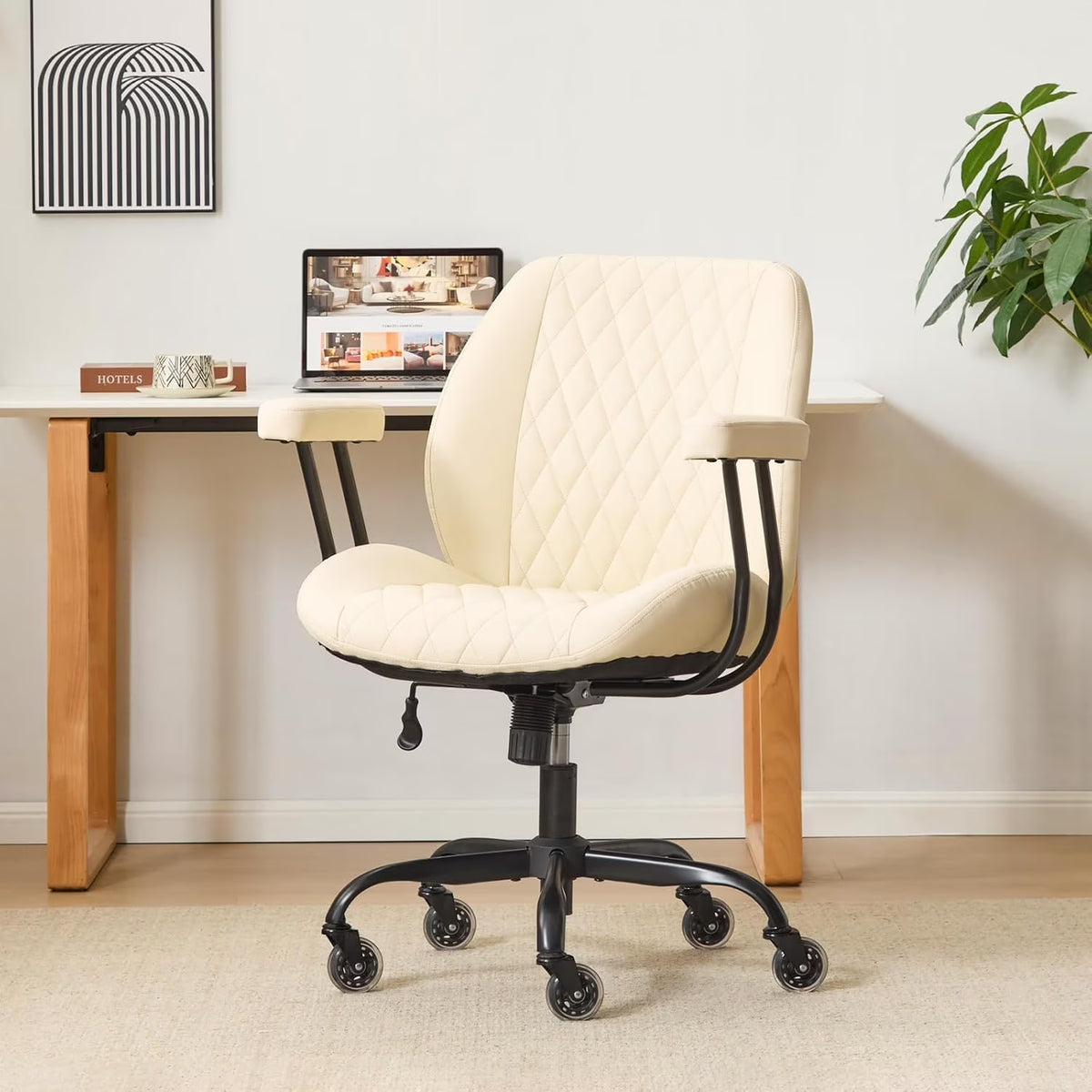QW Home Office Desk Chair Office Rubber Casters Ergonomic Computer Chair with Lumbar Support Adjustable Height Rolling Swivel Executive Task Armrests Chair. Brown Leather