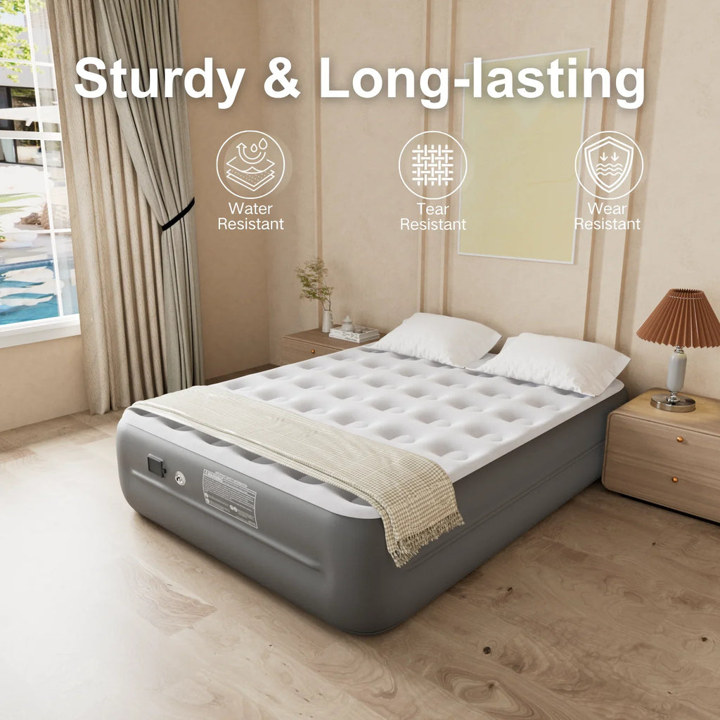 Luxury Queen Air Mattress with Built-In Battery Pump,Heavy-Duty Waterproof Veltex Surface for Indoor/Outdoor Use,Portable Inflatable Camping Bed & Guest Bed(Blue)
