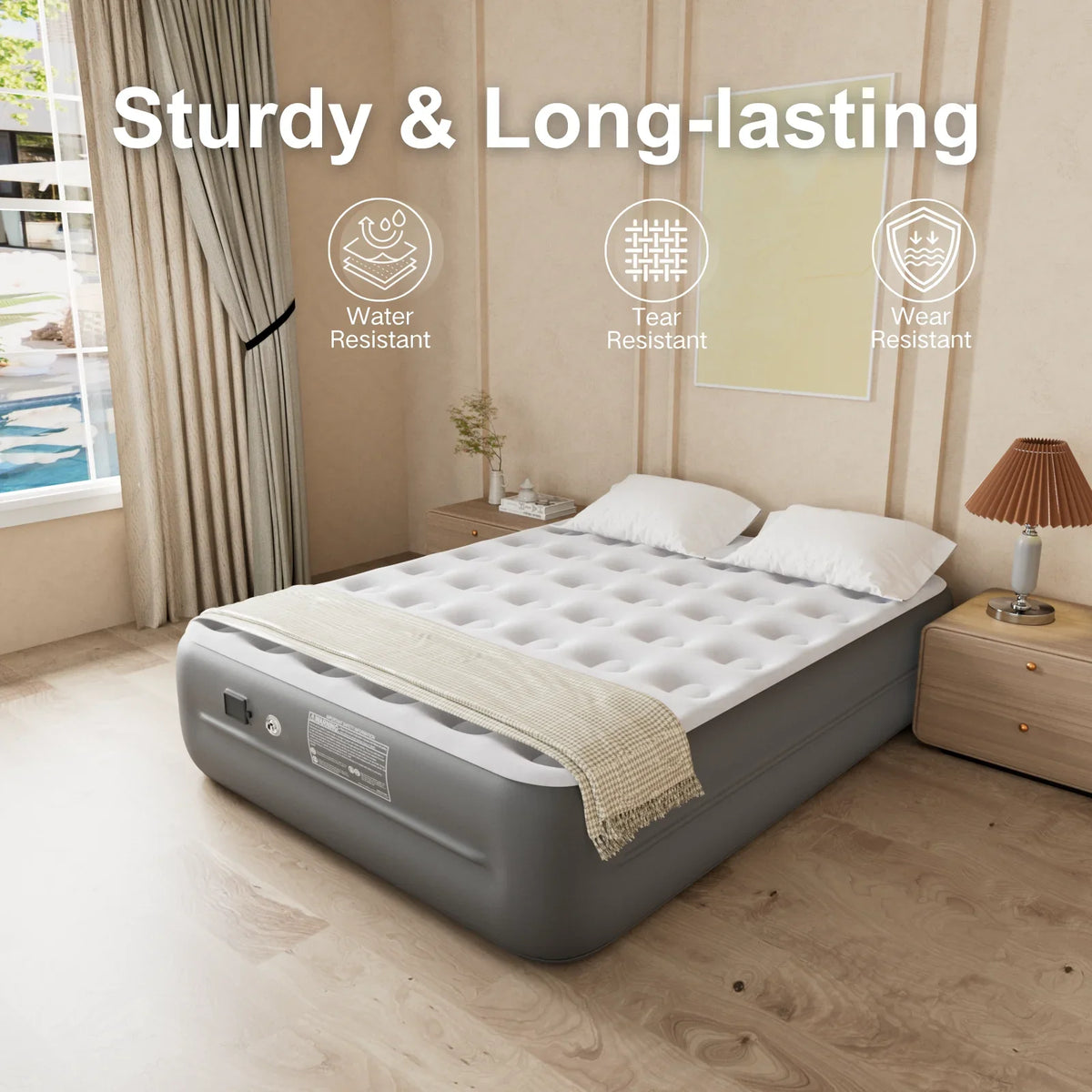 Luxury Queen Air Mattress with Built-In Battery Pump,Heavy-Duty Waterproof Veltex Surface for Indoor/Outdoor Use,Portable Inflatable Camping Bed & Guest Bed(Blue)