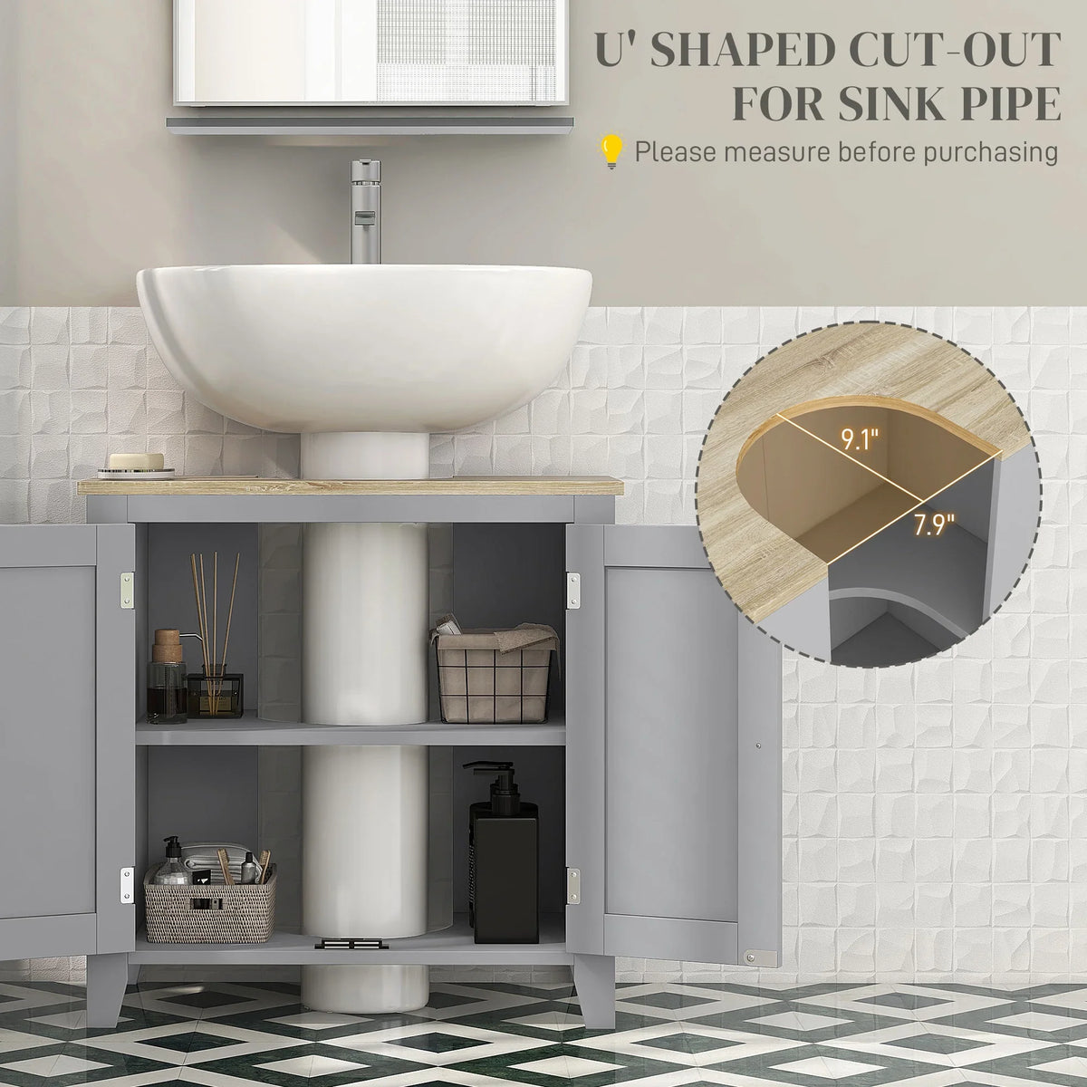 Kleankin Pedestal Sink Storage Cabinet, Under Sink Cabinet, Bathroom Vanity Cabinet with U-Shape and Adjustable Internal Shelf, White