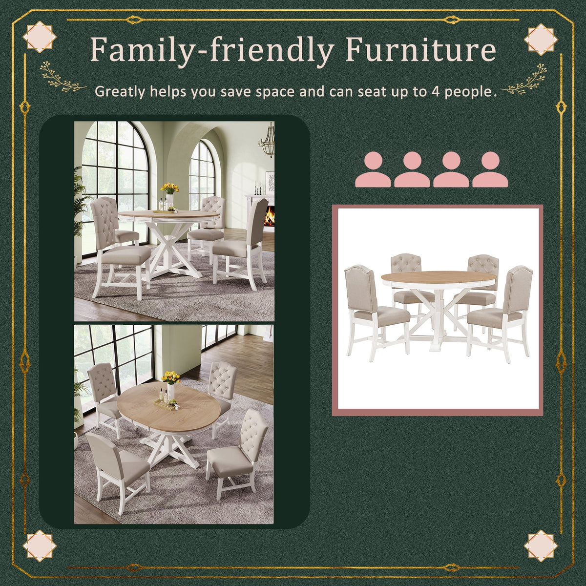 Harper & Bright Designs Round Extendable Dining Table Set for 4, 5 Piece Farmhouse Wood Dining Table Set with 4 Upholstered Dining Chairs, Natural Wood Wash
