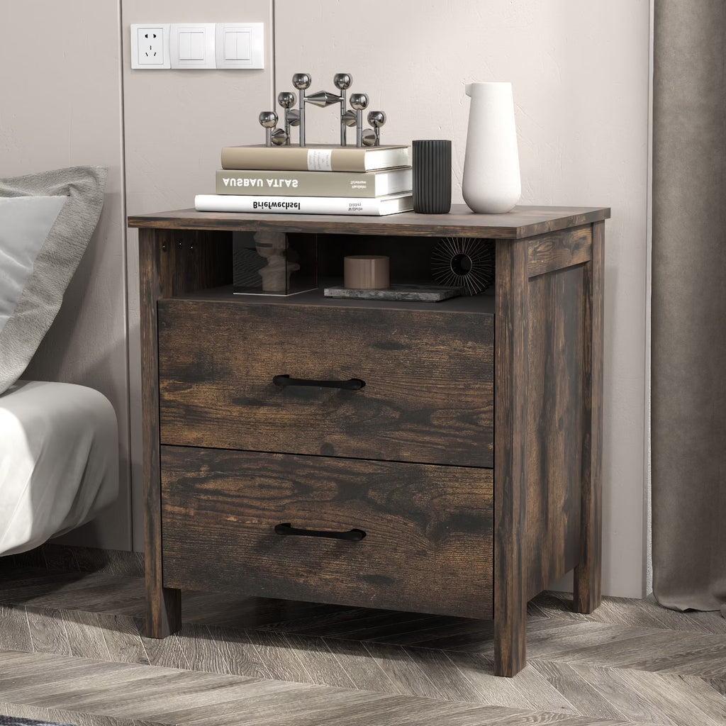 Farmhouse Nightstand with 2 Drawers, Rustic Grey Bedside Table with Open Shelf, Wooden Side End Table for Bedroom