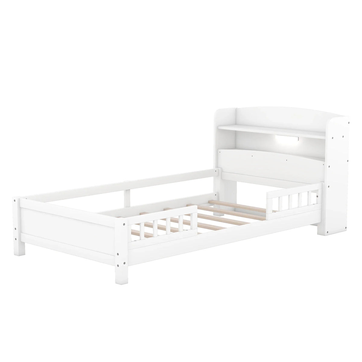 Euroco Wood Twin Size Platform Bed with Storage Headboard, Shelves and LED Light for Kids, Gray