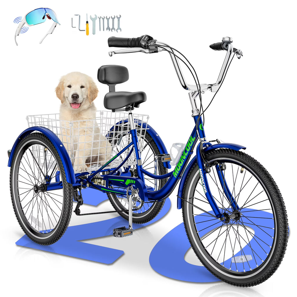 MOONCOOL Adult Tricycles with Rear Basket & Inflator, 24 26 inch 7 Speed 3 Wheel Bikes, Three-Wheeled Bicycles Adult Trike with Backrest for Seniors, Women, Men