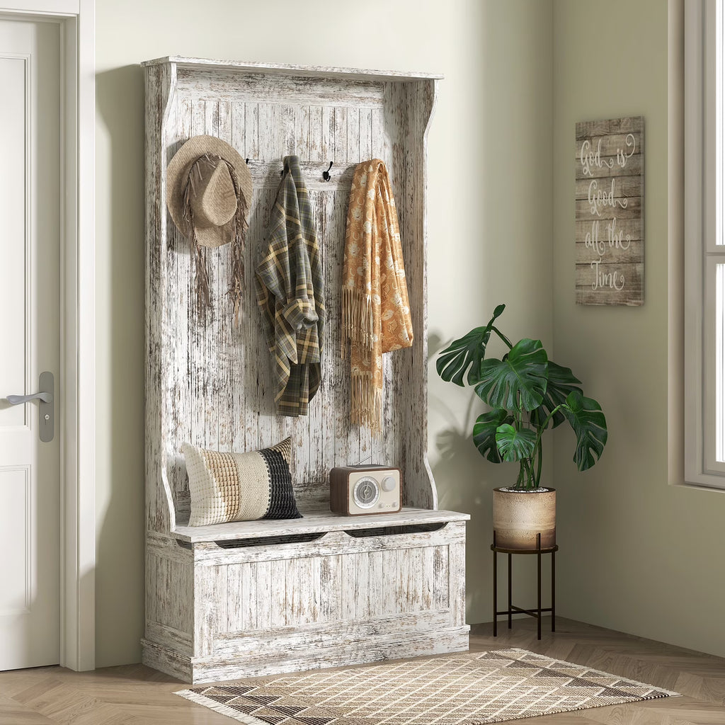 HOMCOM 3-In-1 Hall Tree Storage Bench and Coat Rack with 5 Steel Double Hooks, and Anti-Topple Anchor for Entryway, Cream White