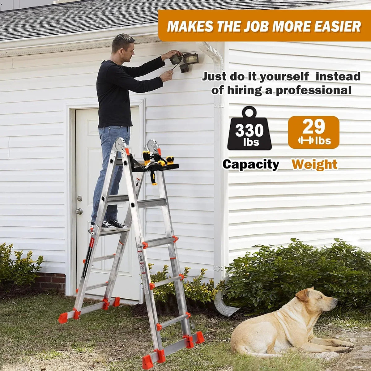 HBTower Ladder, A Frame 4 Step Extension Ladder, 14 Ft Multi Position Ladder with Removable Tool Tray and Stabilizer Bar, 330 lbs Capacity Telescoping Ladder for Household and Outdoor Work