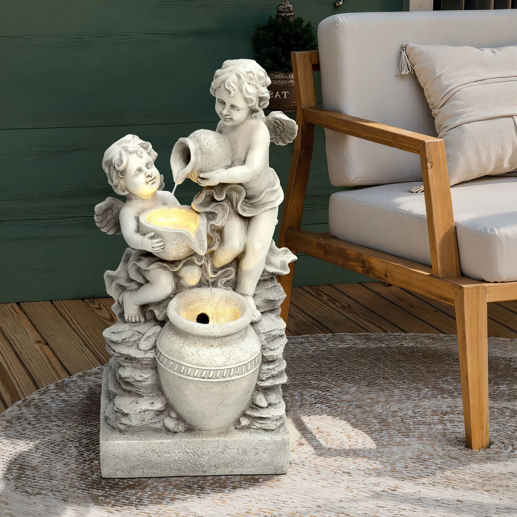 LuxenHome 30" Resin Angels Water Fountain Outdoor and Indoor, Waterfall Fountains for Garden, Backyard