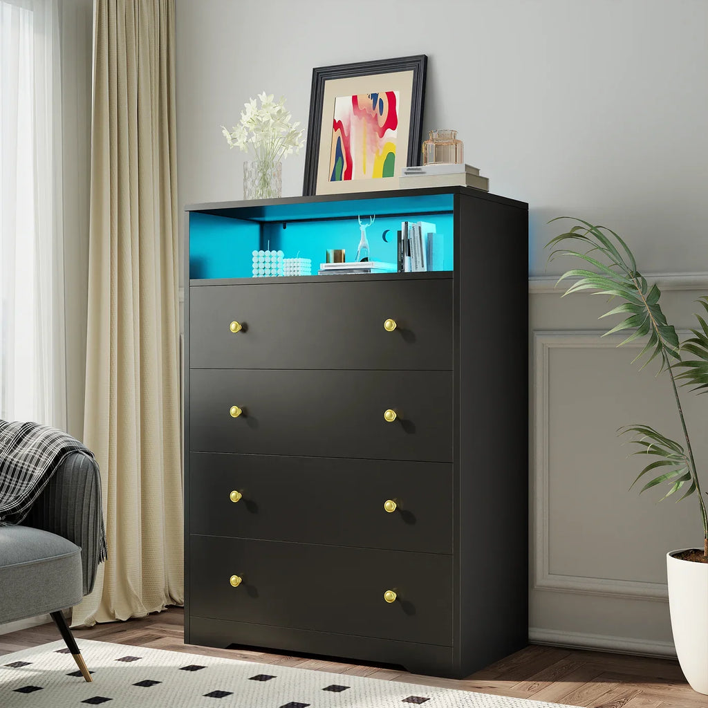4-Drawer Black Wood Dresser with LED Lights,Modern Chest of Drawers for Bedroom,Living Room