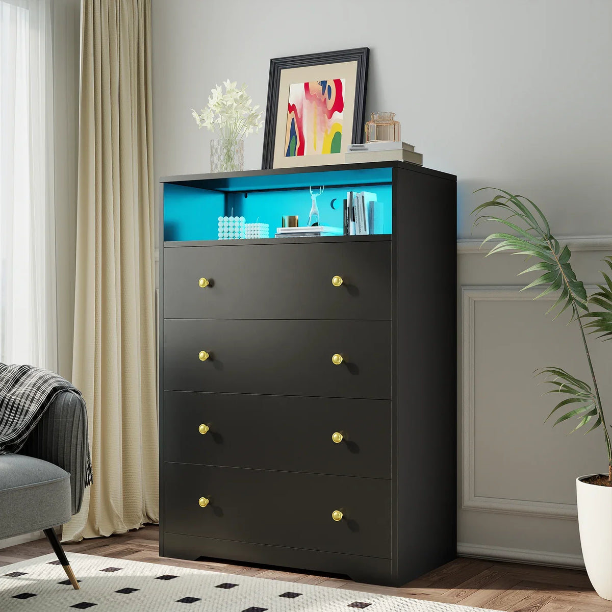 4-Drawer Black Wood Dresser with LED Lights,Modern Chest of Drawers for Bedroom,Living Room